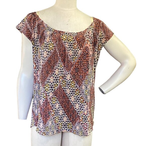 Lauren Conrad Peasant Top Mixed Print Shimmer Micropleated M 64J - Picture 4 of 12